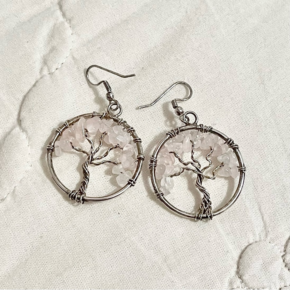 Tree of Life Rose Quartz Dangle Earrings
